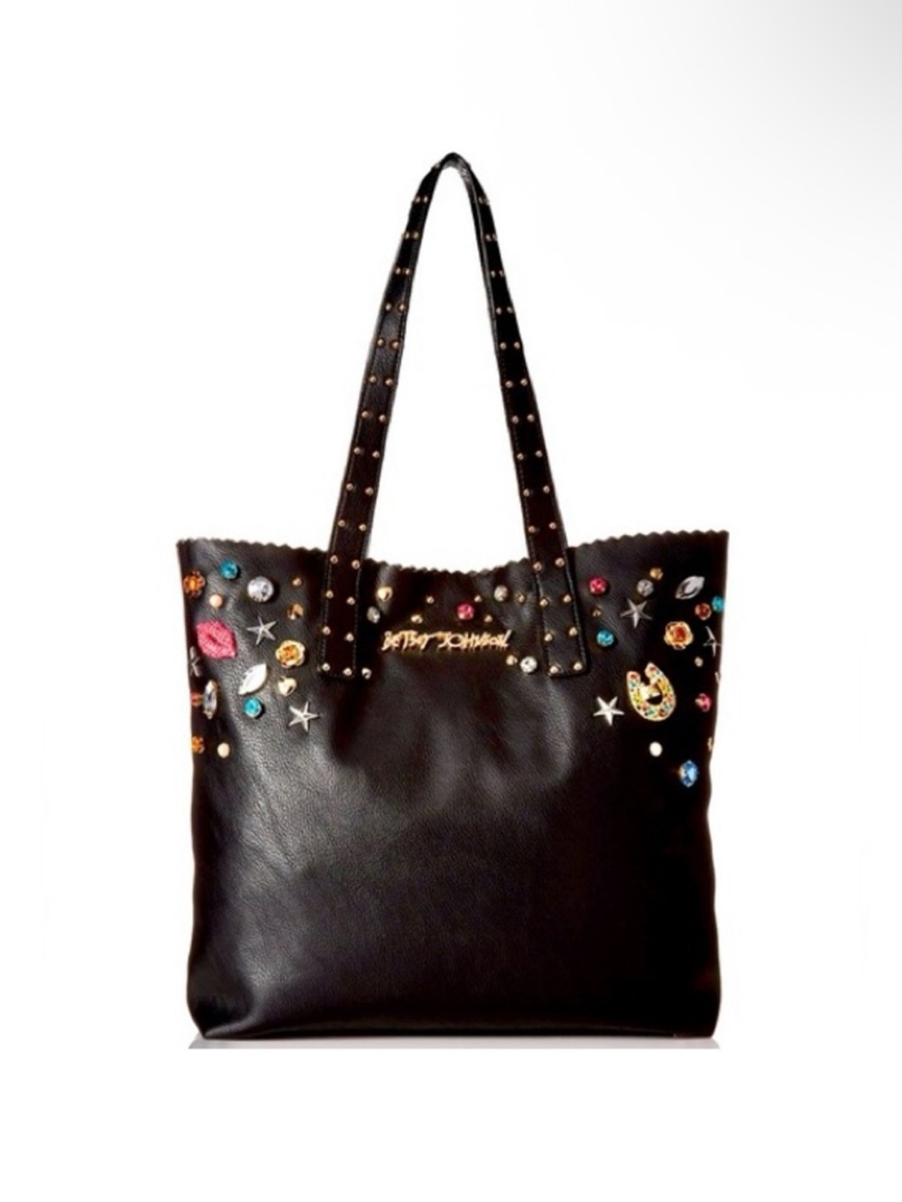 RARE Betsey Johnson Black Tote with Multicolor Gem Embellishments